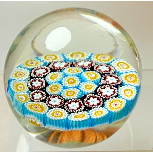 Murano Art Glass Millefiori Paperweight Blue Red Yellow Tightly Packed Canes - Picture 3 of 5